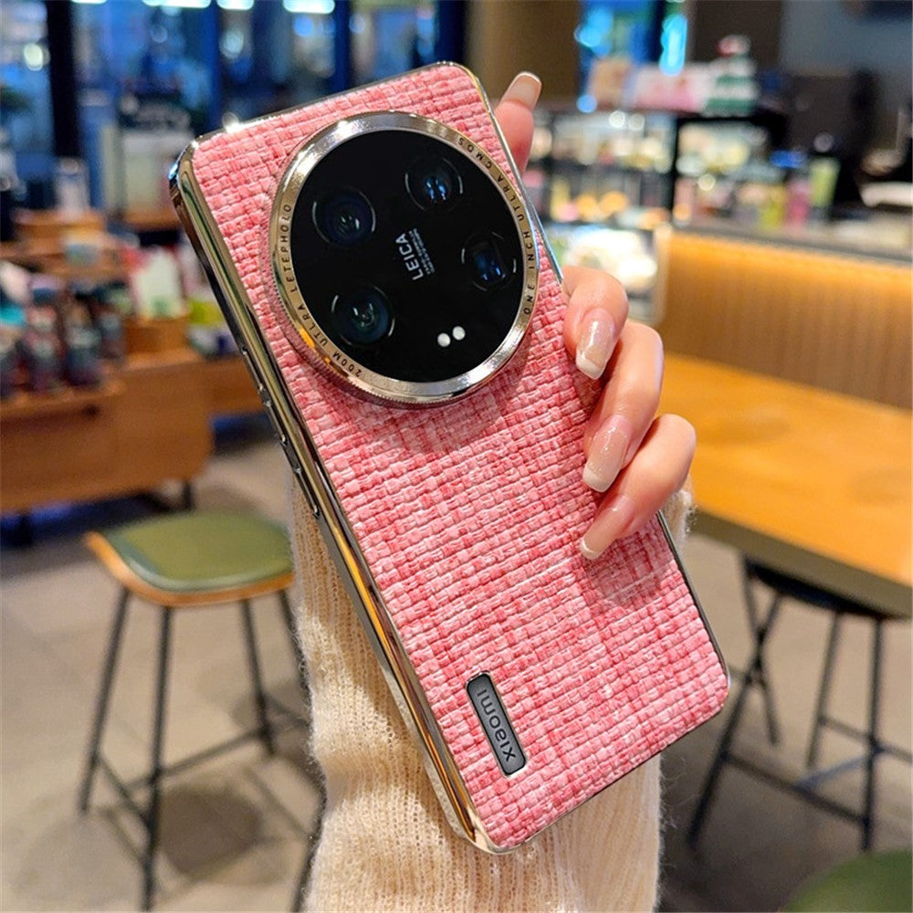 For Xiaomi 14 Ultra Case Electroplating Silver Edge Woven Texture PU Leather + PC Phone Cover