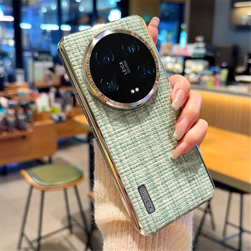 For Xiaomi 14 Ultra Case Electroplating Silver Edge Woven Texture PU Leather + PC Phone Cover