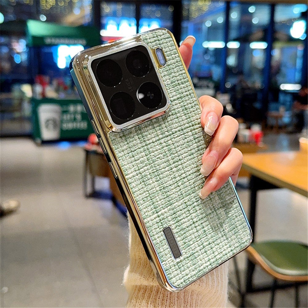 For Xiaomi 15 Pro Case Electroplating Silver Edge Woven Texture PU Leather + PC Phone Cover