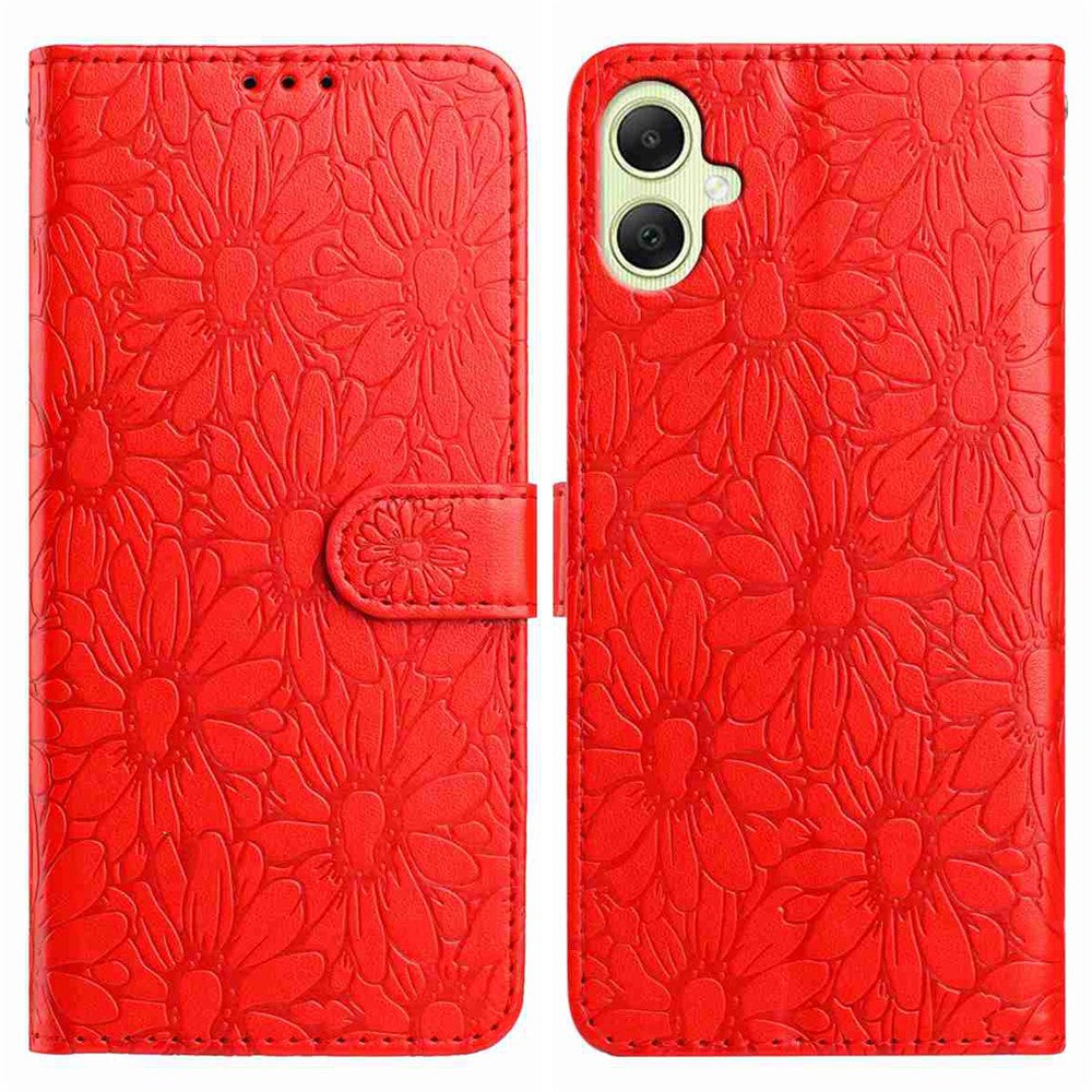 Til Samsung Galaxy A08 5G / A08 4G / A07 4G / A06 4G / A06 5G læderetui med margueritpræg, pung og standfunktion