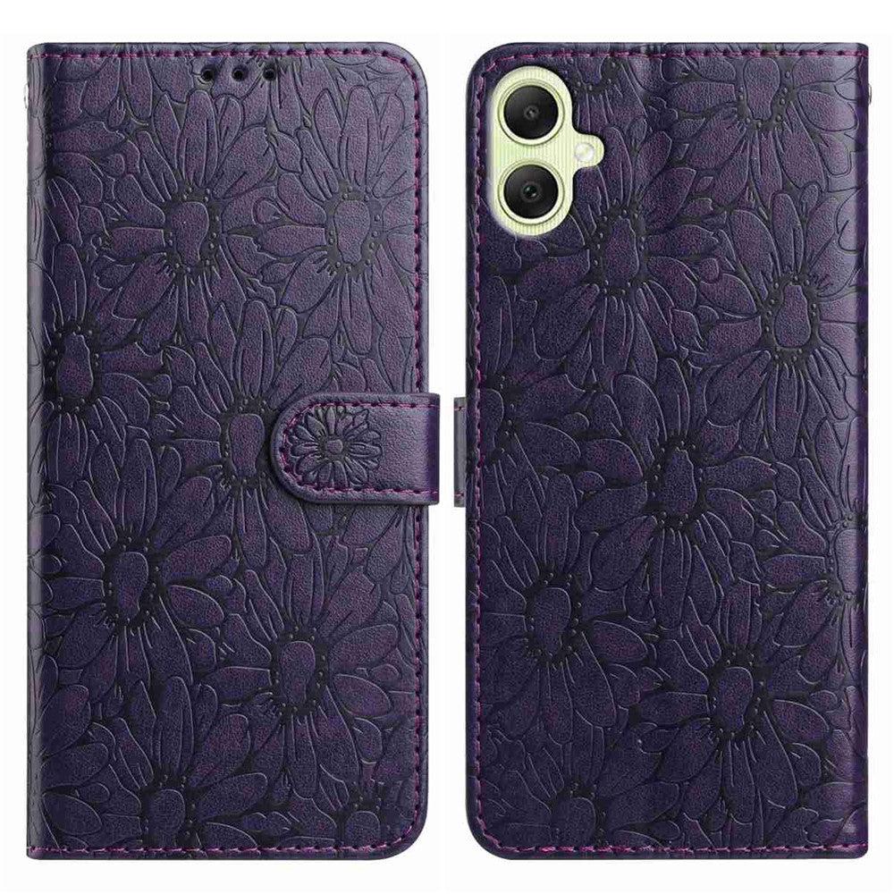 Til Samsung Galaxy A08 5G / A08 4G / A07 4G / A06 4G / A06 5G læderetui med margueritpræg, pung og standfunktion