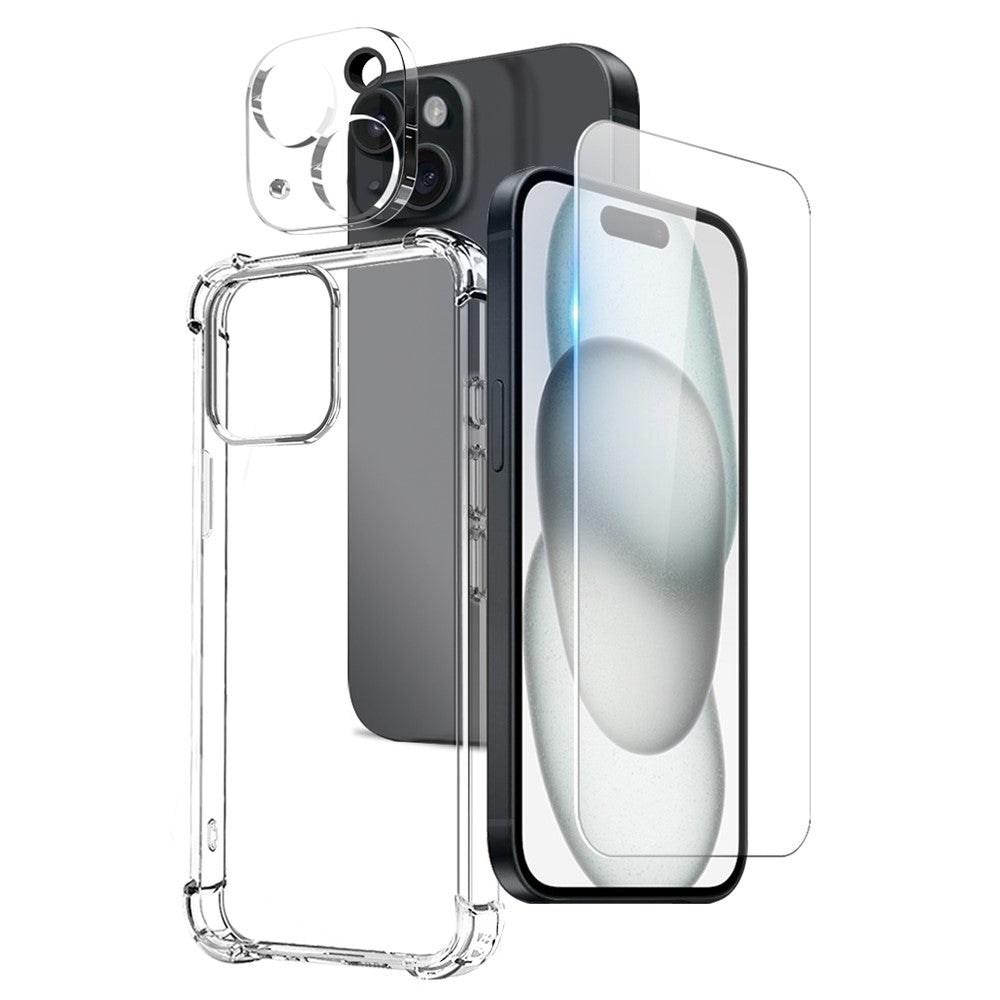 NORTHJO För iPhone 15 Genomskinligt Skal Stötsäkert TPU-Skal med Härdat Glas och Kameralinsfilm