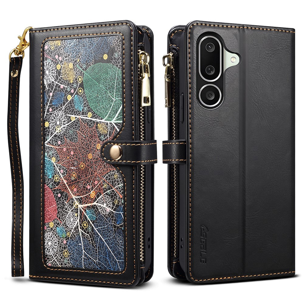 ESEBLE Galaxy Series For Samsung Galaxy M56 5G Case RFID Blocking Leather Zipper Phone Cover with Shoulder Strap + Wrist Strap