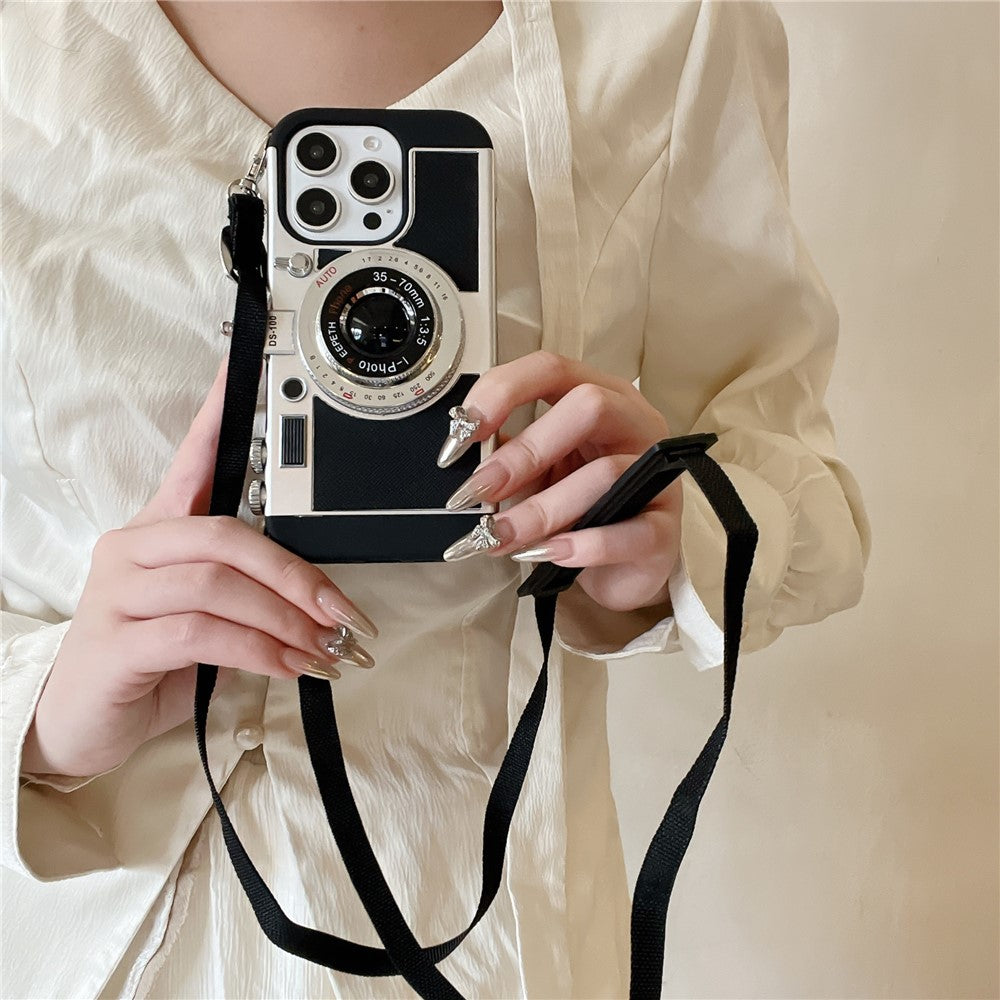 For iPhone 16 Pro Max Case Vintage Style Camera Design Phone Cover with Crossbody Strap
