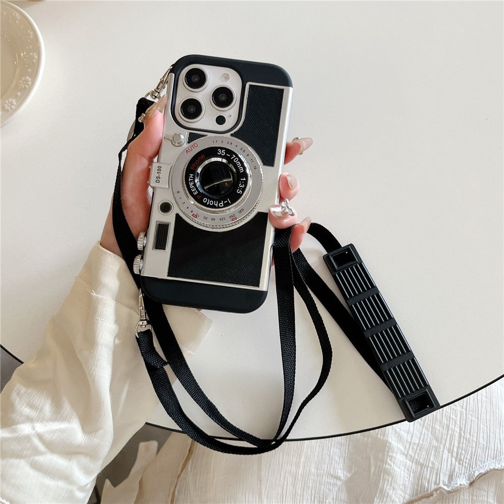 For iPhone 16 Pro Max Case Vintage Style Camera Design Phone Cover with Crossbody Strap