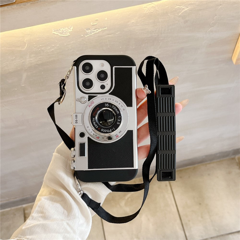 For iPhone 16 Pro Max Case Vintage Style Camera Design Phone Cover with Crossbody Strap