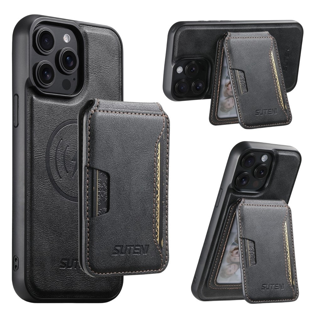 SUTENI M3 For iPhone 13 Pro Magnetic Case Cowhide Texture Leather Back Cover with Card Bag Kickstand