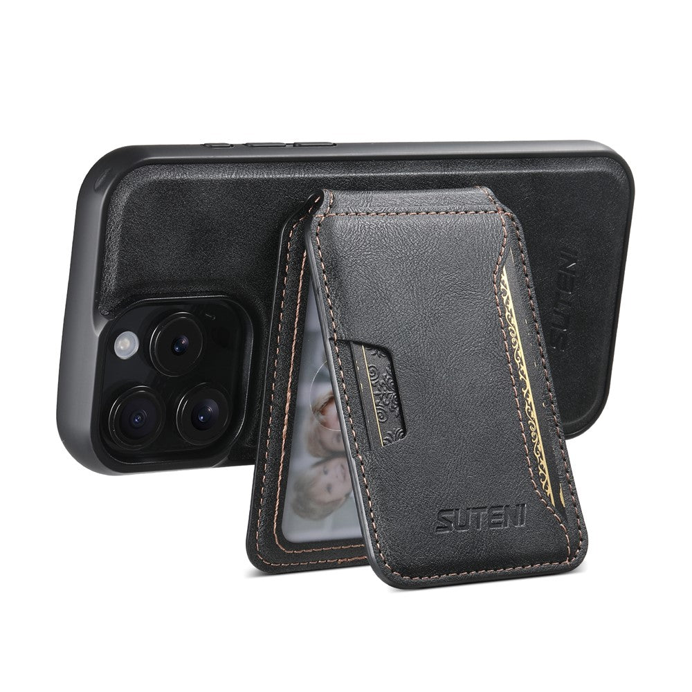 SUTENI M3 For iPhone 13 Pro Magnetic Case Cowhide Texture Leather Back Cover with Card Bag Kickstand