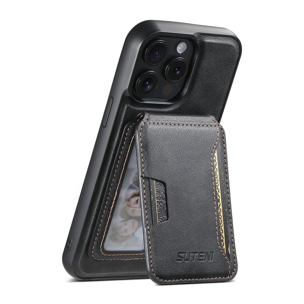 SUTENI M3 For iPhone 13 Pro Magnetic Case Cowhide Texture Leather Back Cover with Card Bag Kickstand