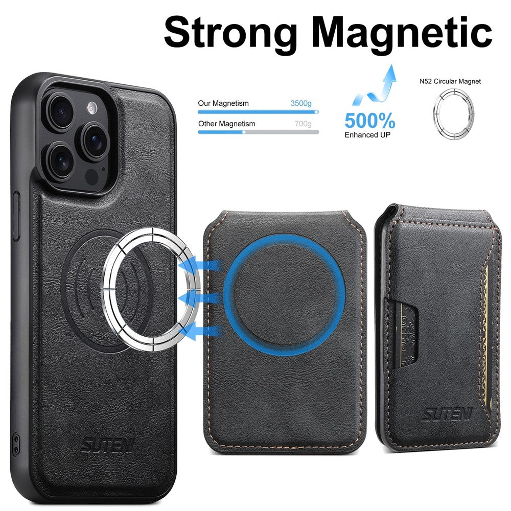 SUTENI M3 For iPhone 13 Pro Magnetic Case Cowhide Texture Leather Back Cover with Card Bag Kickstand