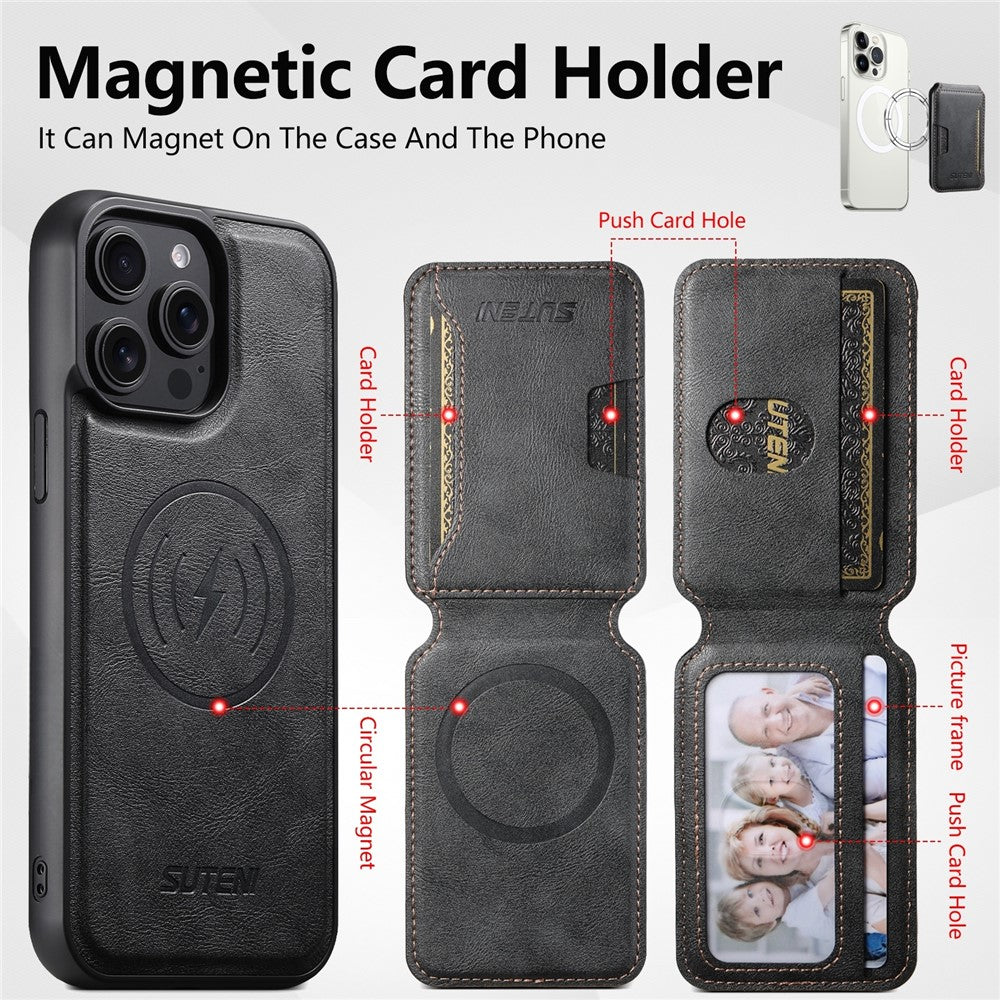SUTENI M3 For iPhone 13 Pro Magnetic Case Cowhide Texture Leather Back Cover with Card Bag Kickstand