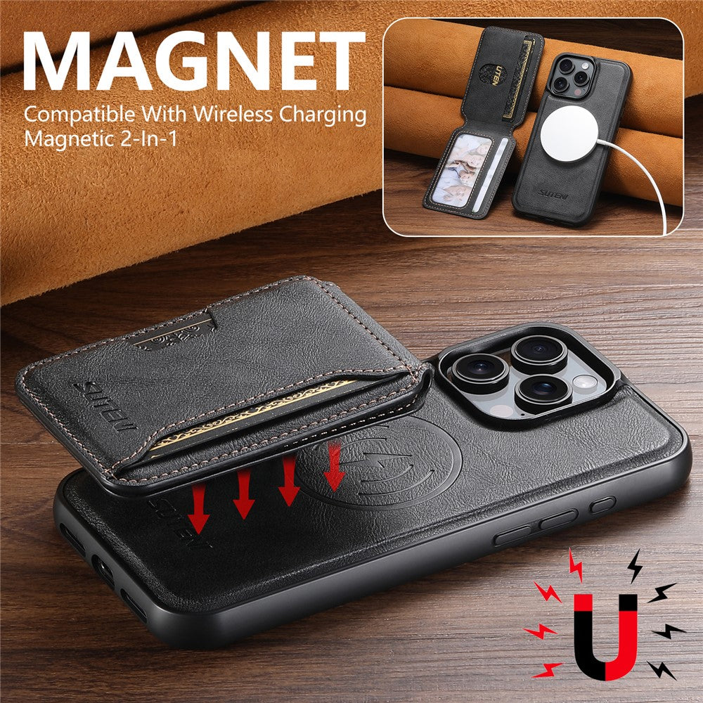SUTENI M3 For iPhone 13 Pro Magnetic Case Cowhide Texture Leather Back Cover with Card Bag Kickstand