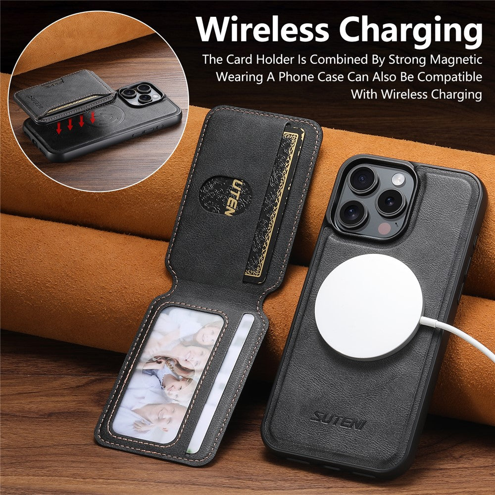 SUTENI M3 For iPhone 13 Pro Magnetic Case Cowhide Texture Leather Back Cover with Card Bag Kickstand