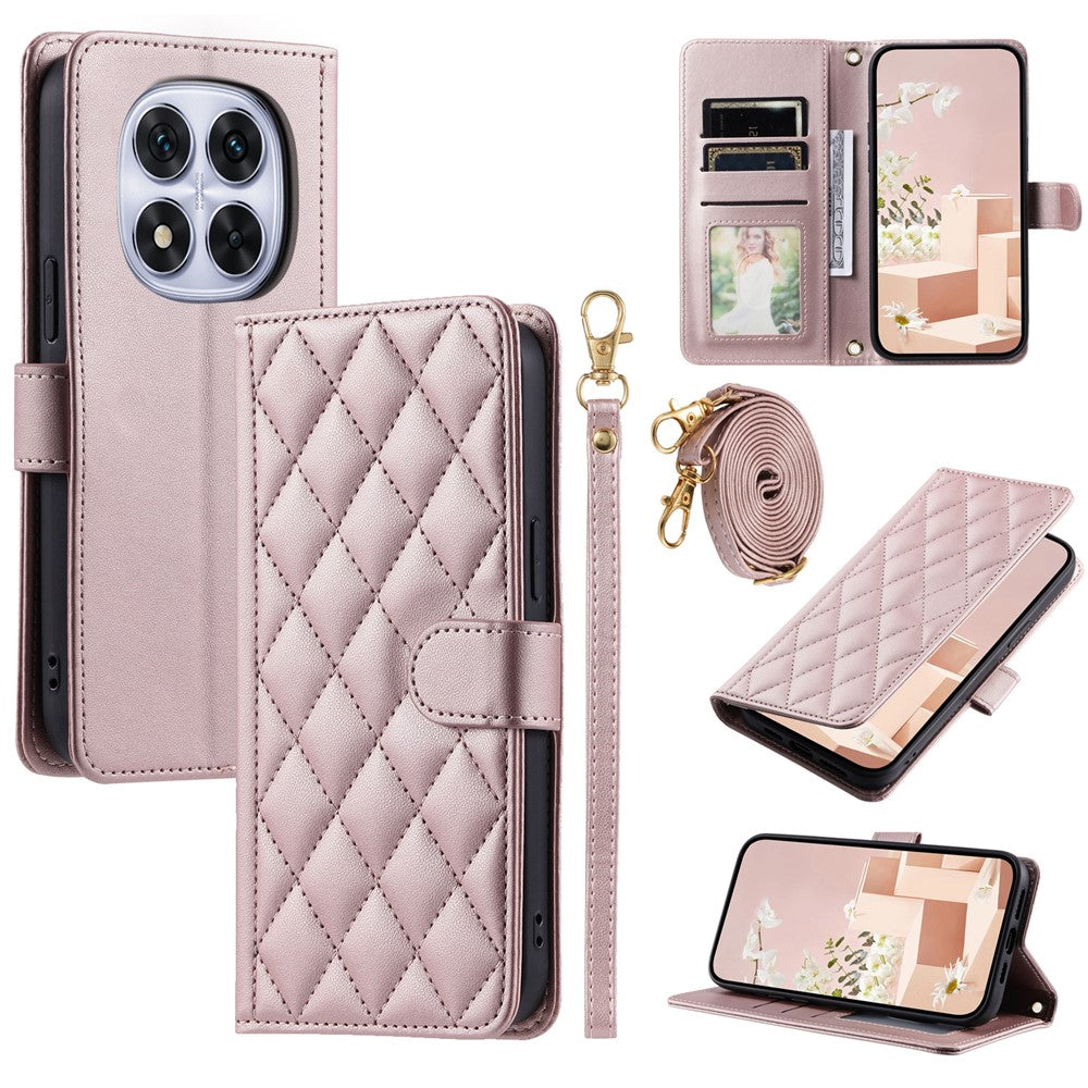 For Xiaomi Redmi Note 14 Pro 4G Case Wallet Rhombus Grid PU Leather Phone Cover with Shoulder Strap / Wrist Strap