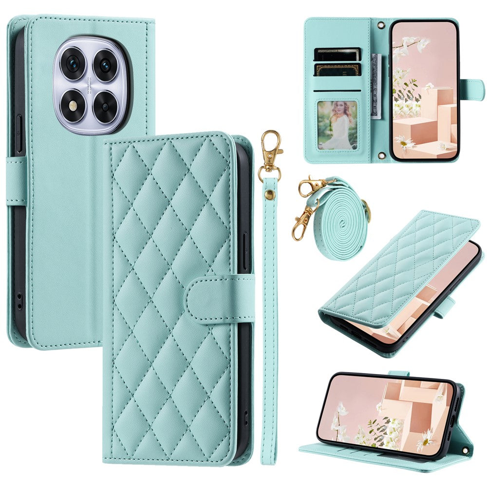 For Xiaomi Redmi Note 14 Pro 4G Case Wallet Rhombus Grid PU Leather Phone Cover with Shoulder Strap / Wrist Strap
