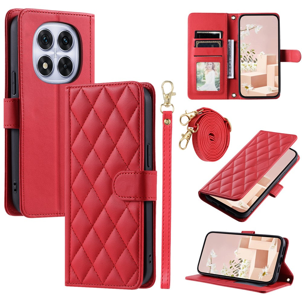 For Xiaomi Redmi Note 14 Pro 4G Case Wallet Rhombus Grid PU Leather Phone Cover with Shoulder Strap / Wrist Strap