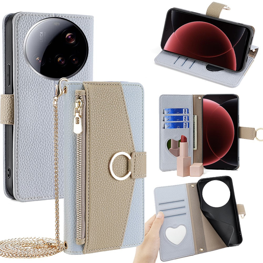 For Xiaomi 15 Ultra Case Mirror Wallet Leather Phone Cover with Chain Shoulder Strap
