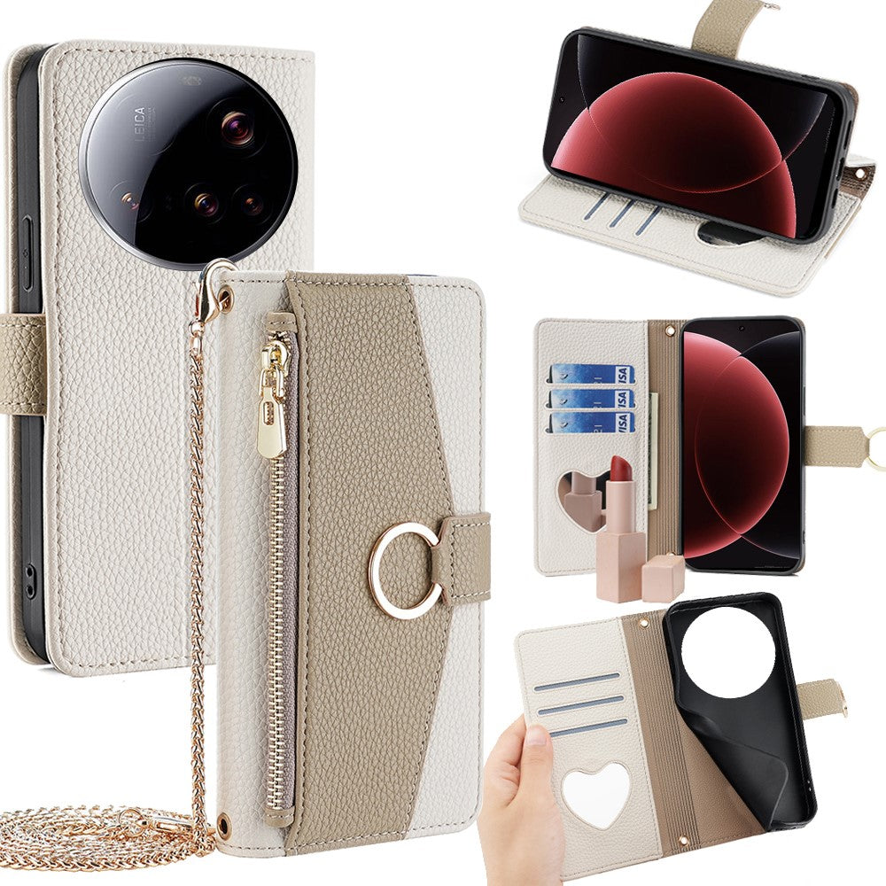 For Xiaomi 15 Ultra Case Mirror Wallet Leather Phone Cover with Chain Shoulder Strap