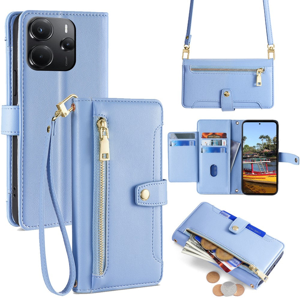Xiaomi Redmi Note 14 4G (164,84 mm) Läderfodral Blixtlåsficka Plånboksfodral med 2 Remmar