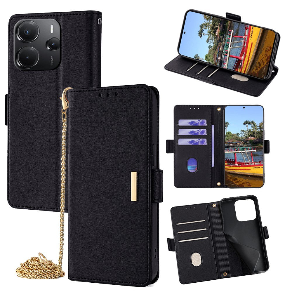 For Xiaomi Redmi Note 14 4G (164.84mm) Case PU Leather Wallet Stand Phone Cover with Crossbody Shoulder Strap