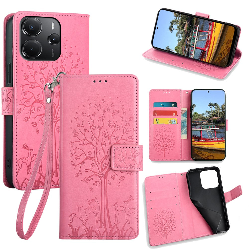 For Xiaomi Redmi Note 14 4G (164.84mm) Case PU Leather Wallet Phone Cover Tree Deer Imprinted
