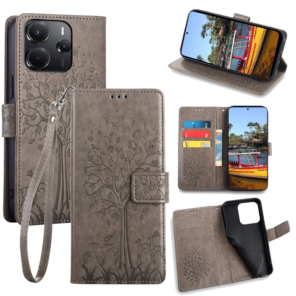 For Xiaomi Redmi Note 14 4G (164.84mm) Case PU Leather Wallet Phone Cover Tree Deer Imprinted