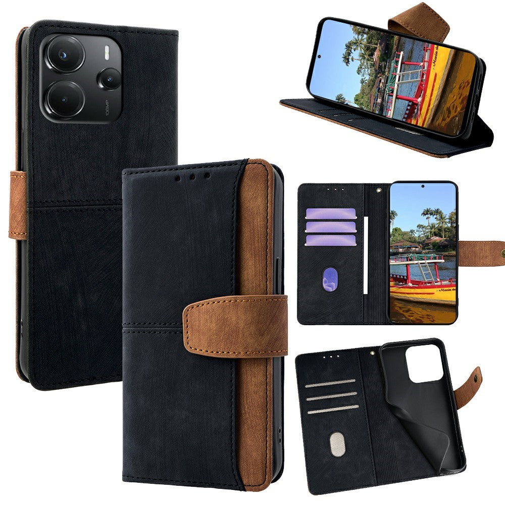 For Xiaomi Redmi Note 14 4G (164.84mm) Case RFID Blocking Color Splicing PU Leather Wallet Phone Cover