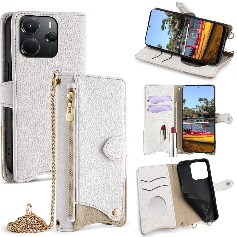 For Xiaomi Redmi Note 14 4G (164.84mm) Wallet Case Fishtail Design Leather Phone Cover with Mirror  /  Stand  /  Strap
