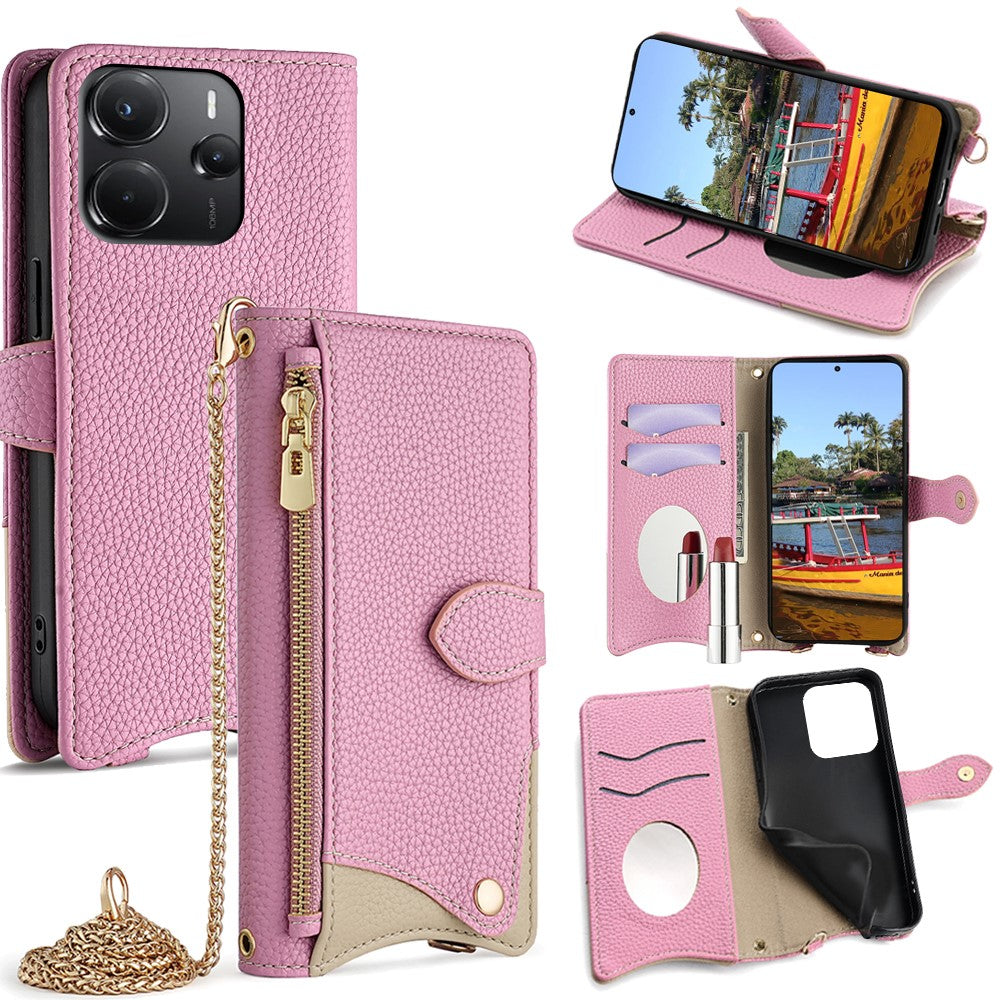 For Xiaomi Redmi Note 14 4G (164.84mm) Wallet Case Fishtail Design Leather Phone Cover with Mirror  /  Stand  /  Strap