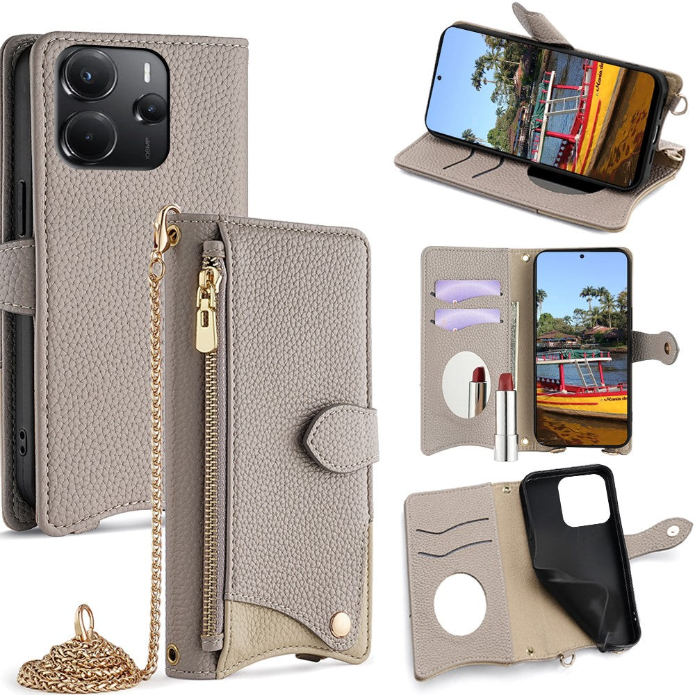 For Xiaomi Redmi Note 14 4G (164.84mm) Wallet Case Fishtail Design Leather Phone Cover with Mirror  /  Stand  /  Strap