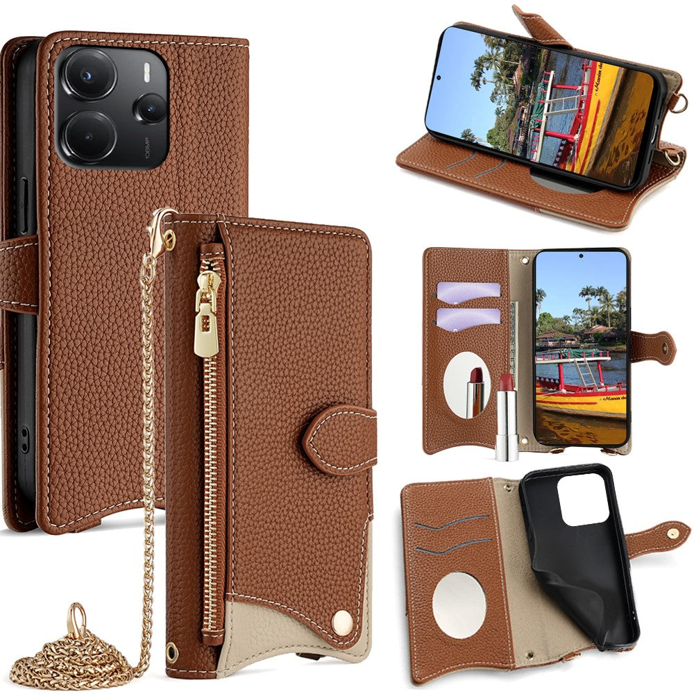 For Xiaomi Redmi Note 14 4G (164.84mm) Wallet Case Fishtail Design Leather Phone Cover with Mirror  /  Stand  /  Strap