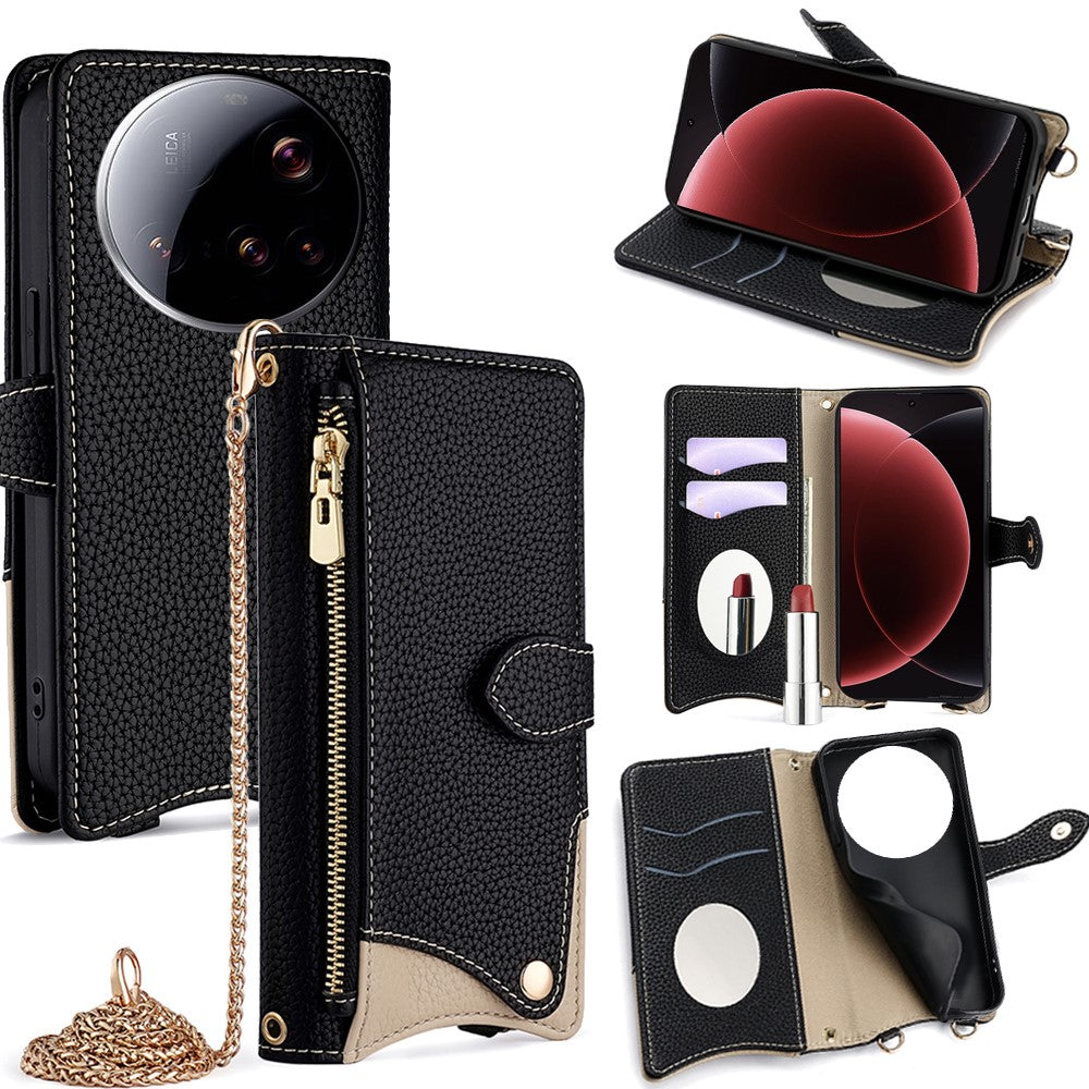 For Xiaomi 15 Ultra Wallet Case Fishtail Design Leather Phone Cover with Mirror  /  Stand  /  Strap