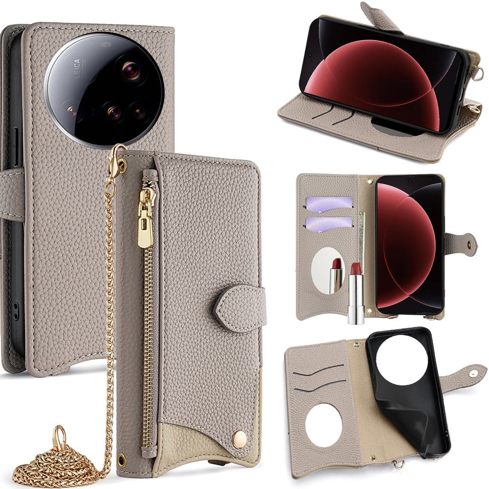 For Xiaomi 15 Ultra Wallet Case Fishtail Design Leather Phone Cover with Mirror  /  Stand  /  Strap