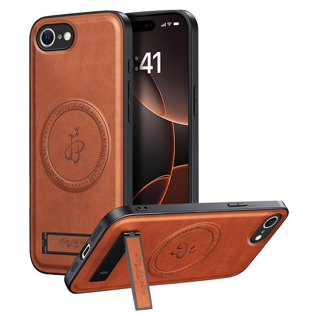 Magnetiskt skal med stativ för iPhone 17e/16e, PU + TPU + PC, mobilbaksida, stötsäkert