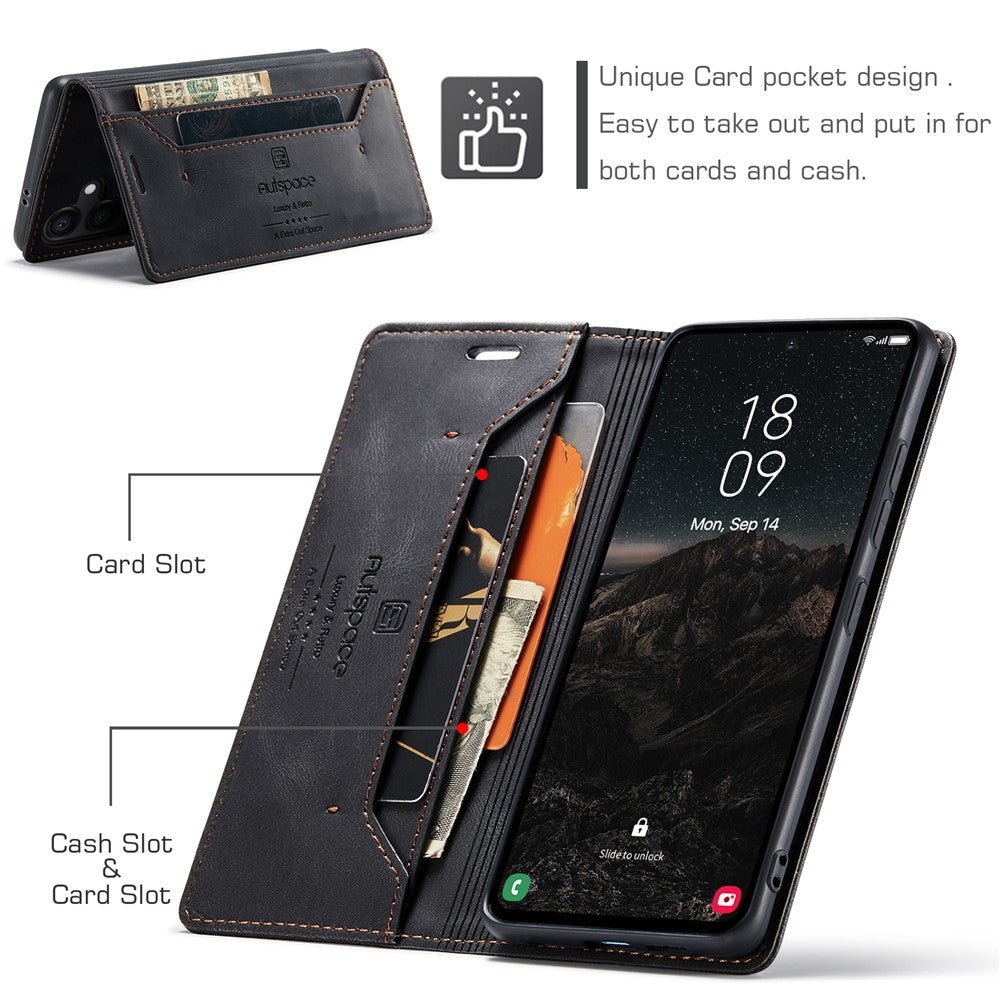 AUTSPACE For Samsung Galaxy S25 Pung Etui A01 Læder Stativ Cover med RFID-blokerende kortholder