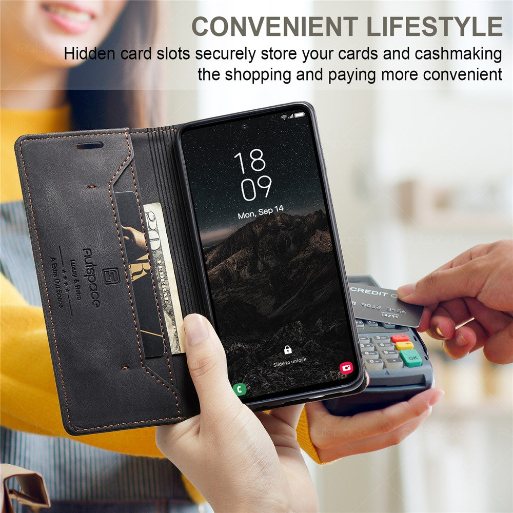 AUTSPACE For Samsung Galaxy S25 Pung Etui A01 Læder Stativ Cover med RFID-blokerende kortholder