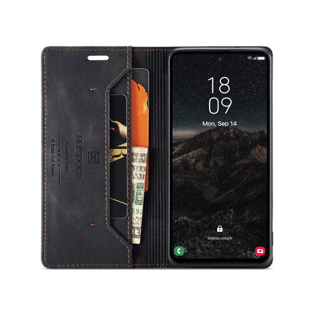 AUTSPACE For Samsung Galaxy S25 Pung Etui A01 Læder Stativ Cover med RFID-blokerende kortholder