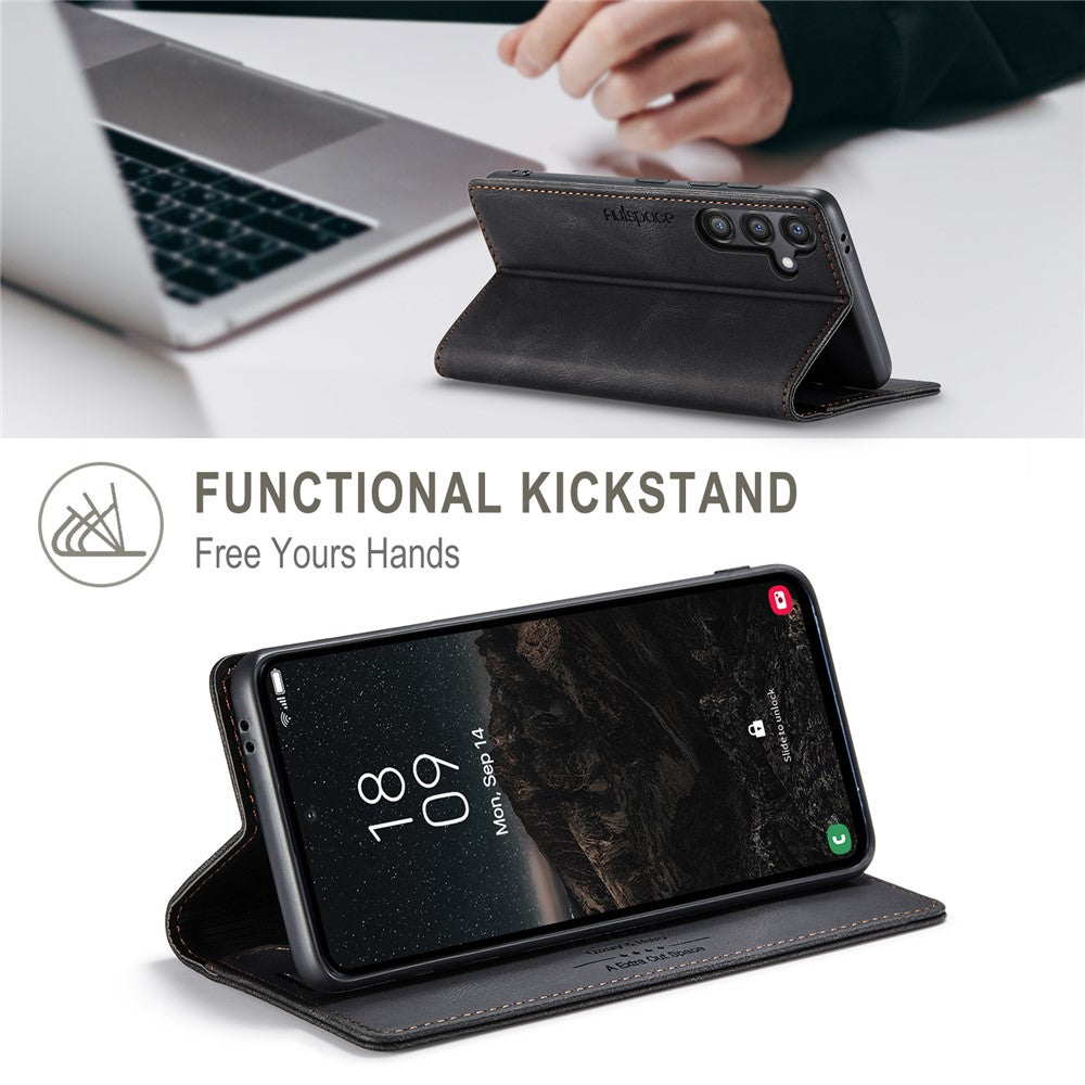 AUTSPACE For Samsung Galaxy S25 Pung Etui A01 Læder Stativ Cover med RFID-blokerende kortholder