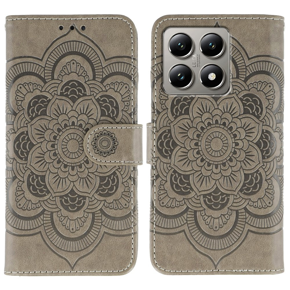 Xiaomi 14T Pro-skal i PU-läder med mandala-präglad design och plånboksfodral med handledsrem