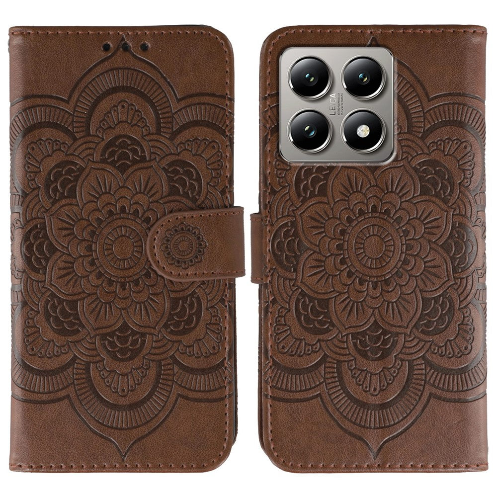 Xiaomi 14T Pro-skal i PU-läder med mandala-präglad design och plånboksfodral med handledsrem