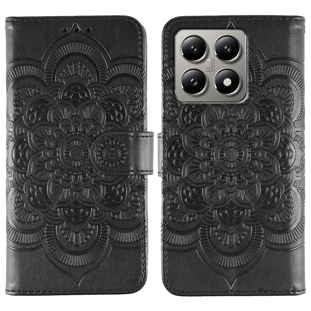 Xiaomi 14T Pro-skal i PU-läder med mandala-präglad design och plånboksfodral med handledsrem