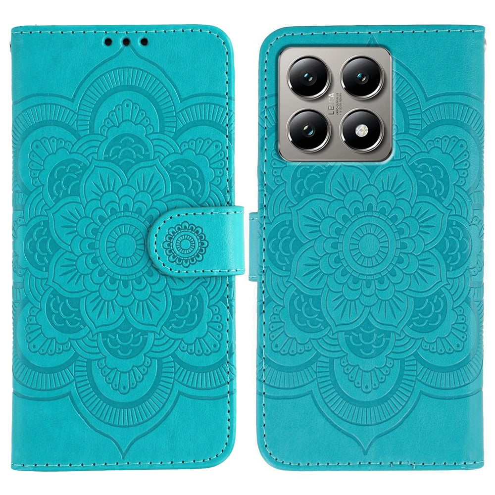 Xiaomi 14T Pro-skal i PU-läder med mandala-präglad design och plånboksfodral med handledsrem