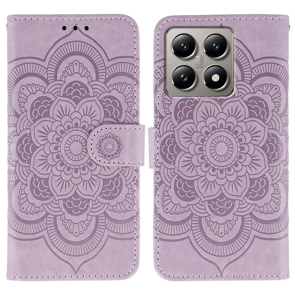 Xiaomi 14T Pro-skal i PU-läder med mandala-präglad design och plånboksfodral med handledsrem