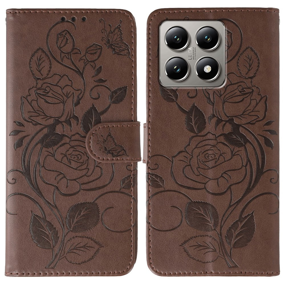 For Xiaomi 14T Pro Case Wallet Stand Imprinted Rose Butterfly PU Leather Phone Cover