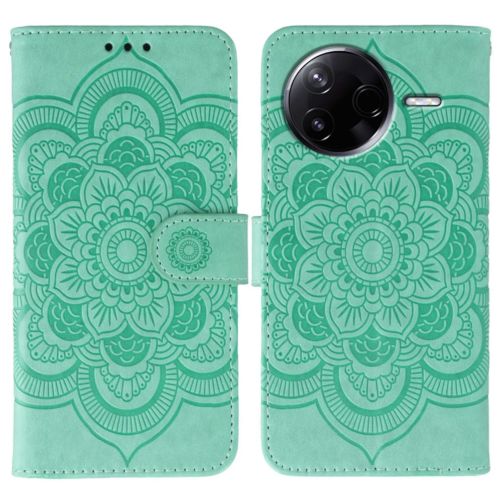 Xiaomi Poco F7 Pro 5G / Redmi K80 5G-skal PU-läder med mandala-präglad design, plånboksfodral och handledsrem
