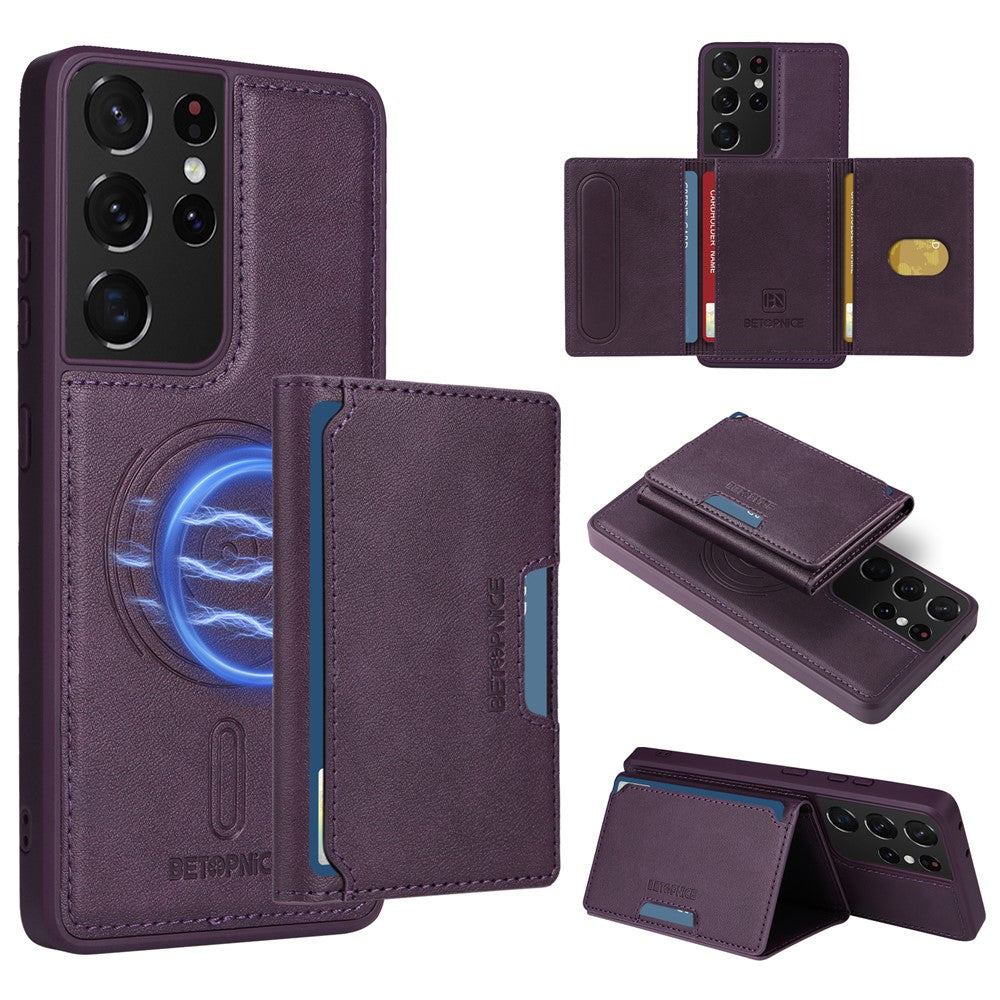 BETOPNICE For Samsung Galaxy S21 Ultra 5G Magnetic Case  Leather Phone Cover Kickstand with Detachable Card Bag