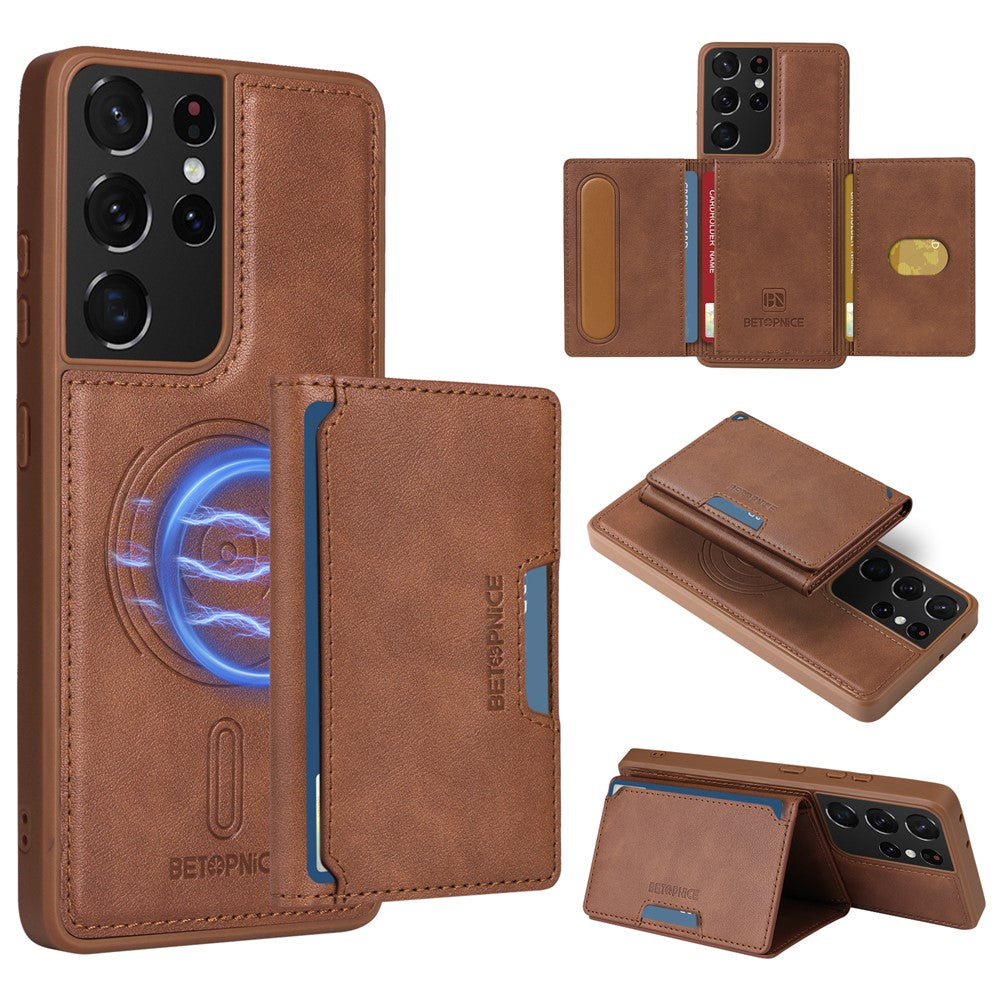 BETOPNICE For Samsung Galaxy S21 Ultra 5G Magnetic Case  Leather Phone Cover Kickstand with Detachable Card Bag