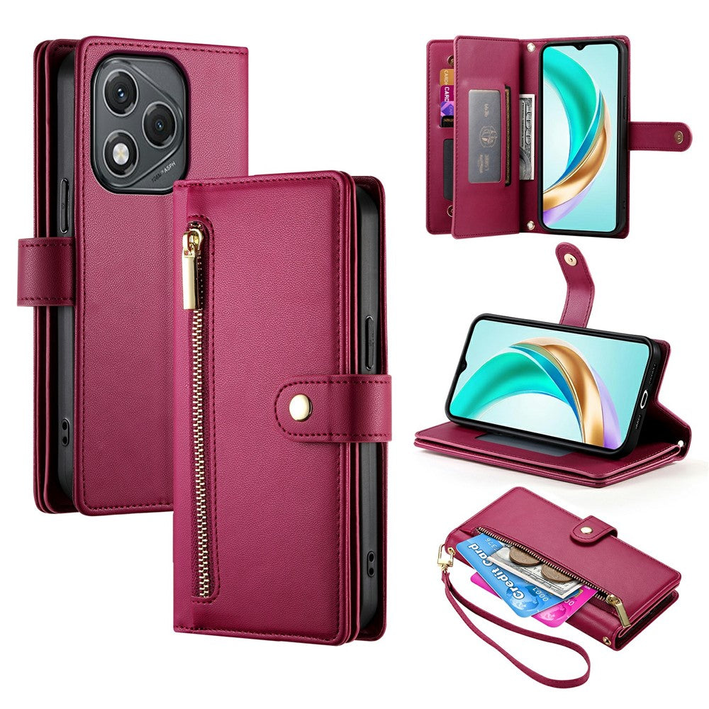 DF-011 For Honor 400 Lite 5G Case Zipper Pocket Wallet Leather Phone Cover with Straps
