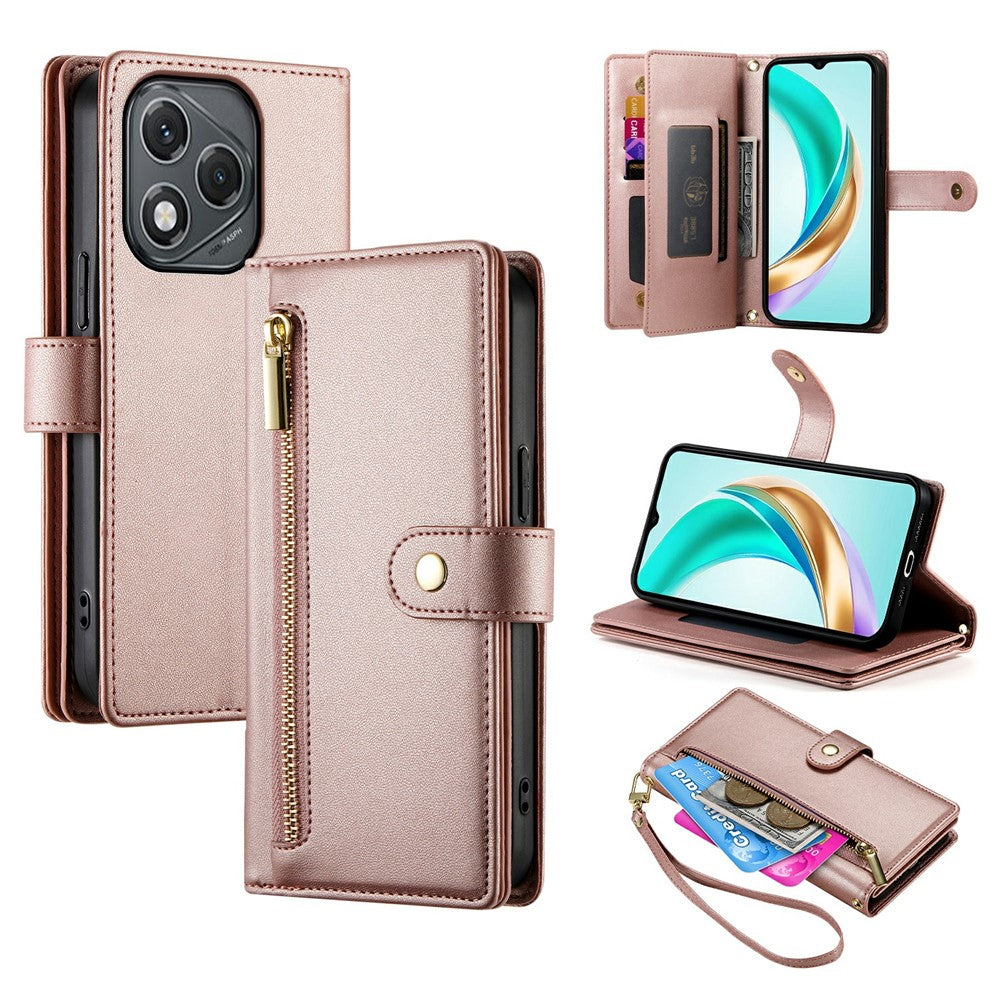 DF-011 For Honor 400 Lite 5G Case Zipper Pocket Wallet Leather Phone Cover with Straps