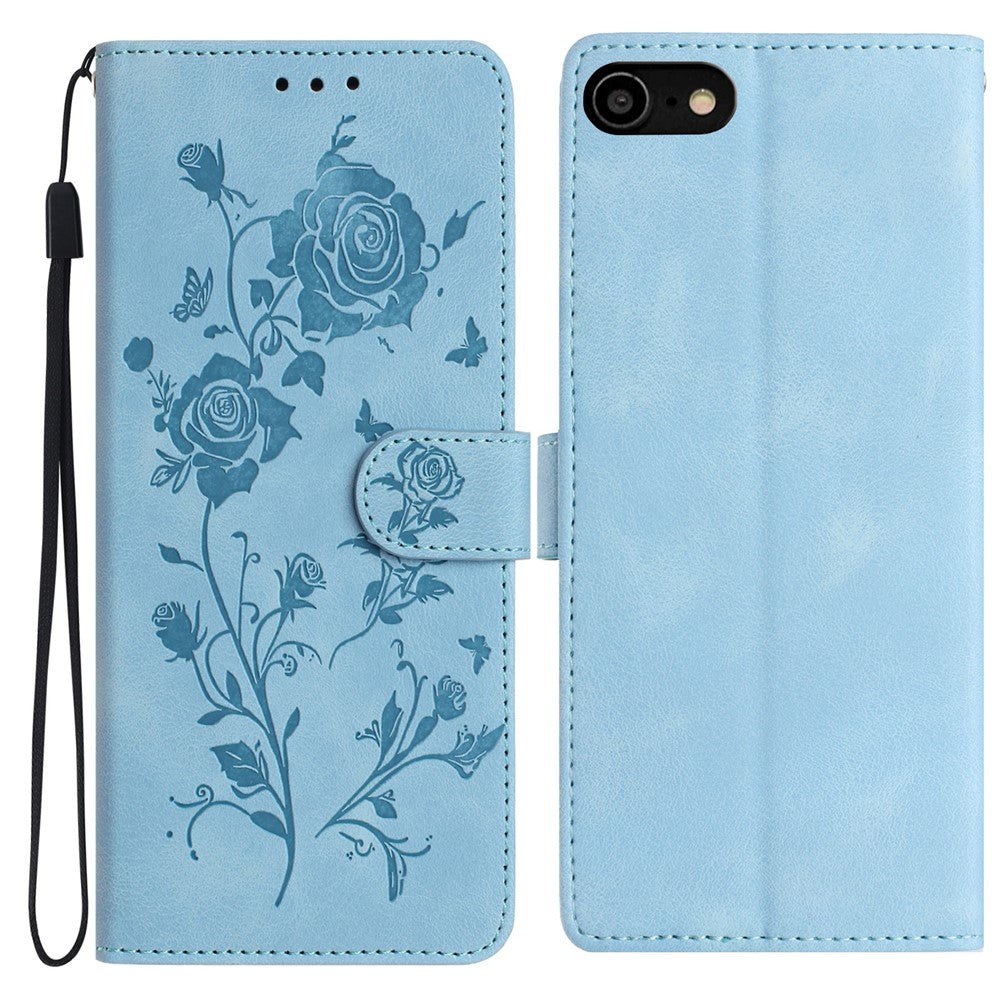 Wallet Case for iPhone SE (2022) / (2020) / 8 / 7 / 6 / 6s Rose Pattern Imprinted Leather Flip Stand Phone Cover
